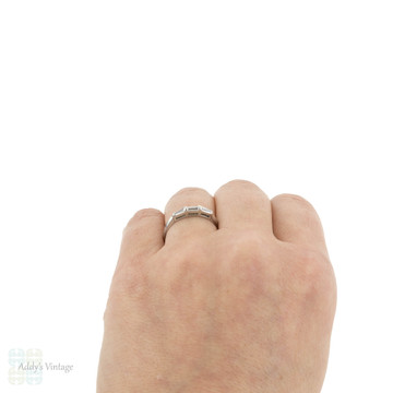1930s Straight & Tapered Baguette Diamond Wedding Ring, Platinum Vintage 3 Stone Band.