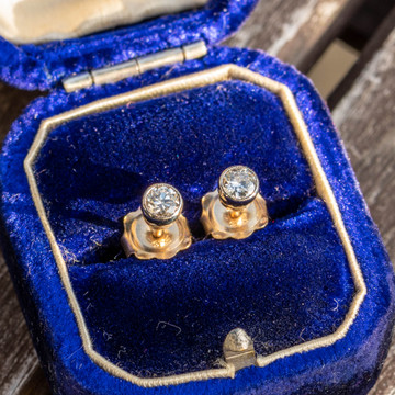 Baby Bezel Set Diamond Stud Earrings, Old Cut Diamonds in 9ct & Platinum.
