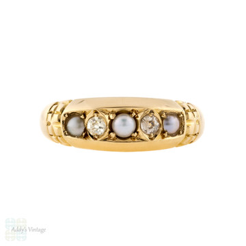 Split Pearl & Old Mine Cut Diamond Five Stone Band, 18ct 18k Gold Antique Ring.