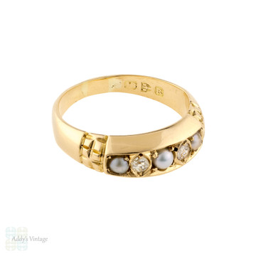 Split Pearl & Old Mine Cut Diamond Five Stone Band, 18ct 18k Gold Antique Ring.