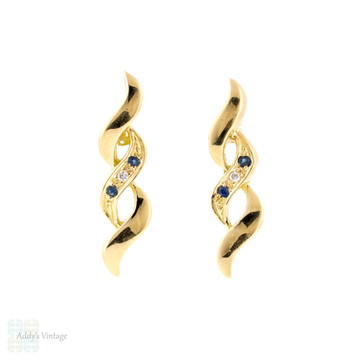 Sapphire & Diamond Vintage Swirl Earrings, 18ct 18k Yellow Gold 1970s Studs.