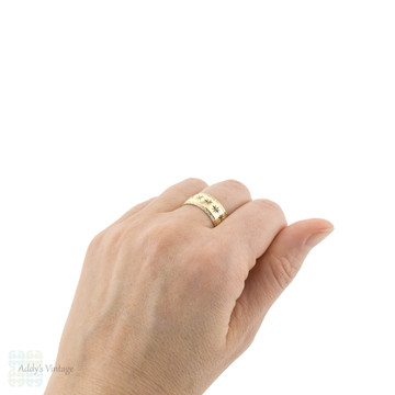 Engraved 9ct Star Men's Wedding Ring, Wide Vintage 9k Yellow Gold Band Size U / 10.