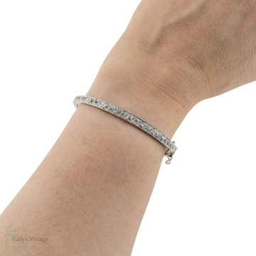 Old Mine Cut Diamond Bangle, 2 ctw Antique Diamond Bracelet 14k 14ct White Gold.