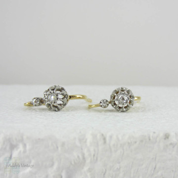Antique French Diamond Drop Earrings. Rose Cut Diamonds in Platinum Topped Crown Settings with 18 Carat Gold Lever Backs.