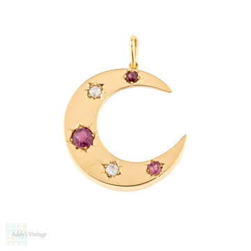 RESERVED Victorian Ruby & Old Mine Cut Diamond Crescent Moon Pendant, Antique 12ct Rose Gold Necklace.