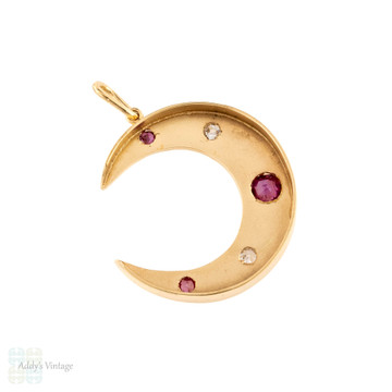 RESERVED Victorian Ruby & Old Mine Cut Diamond Crescent Moon Pendant, Antique 12ct Rose Gold Necklace.