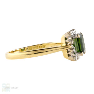Green Tourmaline & Diamond Halo Engagement Ring, Vintage 18ct Yellow & White Gold.