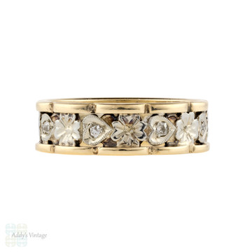 RESERVED Flower & Heart Engraved Diamond Wedding Ring, 1940s 14k Eternity Band. Size M.5 / 6.5.