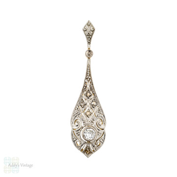 Art Deco Diamond Drop Pendant, 14k Yellow Gold & Platinum Filigree Necklace.