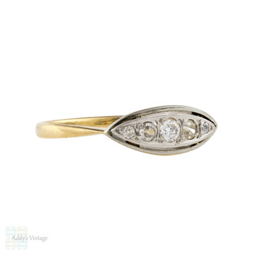 Diamond Graduated Five Stone Ring, Antique Boat Tapered 18ct 18k Diamond Set Band.