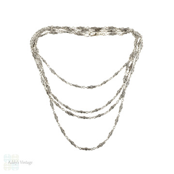 Antique French Silver Long Guard Chain, Fancy Foliaite & Ridged Link 62" Necklace.