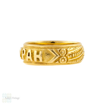 RESERVED LAYAWAY Victorian Mizpah 18ct 18k Gold Band, Antique Wide Orange Blossom & Fern Engraved Wedding Ring Size L / 5.75.