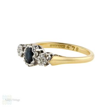 Sapphire & Diamond Three Stone Engagement Ring, Vintage Oval Cut Sapphire 18ct & Platinum.