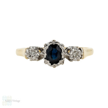 Sapphire & Diamond Three Stone Engagement Ring, Vintage Oval Cut Sapphire 18ct & Platinum.