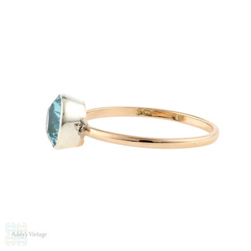 Blue Zircon Silver & 9ct Rose Gold Ring, Victorian Conversion Bezel Set Single Stone. 