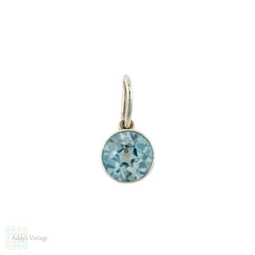  Blue Zircon Bezel Pendant, Sterling Silver Antique Converted Charm on Chain.