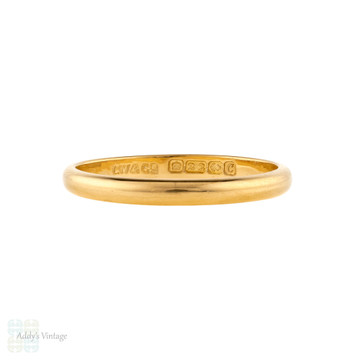 Art Deco 22ct Gold Wedding Ring, 1920s Ladies Slender 22k Band Size S / 9.