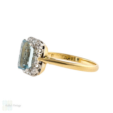 Aquamarine Diamond Halo Cocktail Ring, Vintage Art Deco 18ct Platinum.