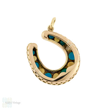Antique Turquoise & Cultured Pearl Horseshoe Pendant, Large 9ct 9k Gold Lucky Charm Victorian Conversion.