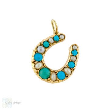 Antique Turquoise & Cultured Pearl Horseshoe Pendant, Large 9ct 9k Gold Lucky Charm Victorian Conversion.