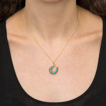 Antique Turquoise & Cultured Pearl Horseshoe Pendant, Large 9ct 9k Gold Lucky Charm Victorian Conversion.