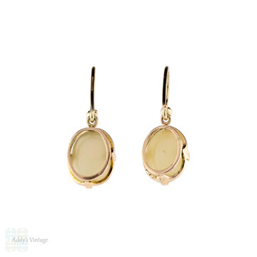 Opal 9ct Gold Dangle Earrings, Antique 9k Oval Cabochon Drops.