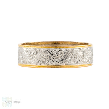 Vintage 22ct & Platinum Engraved Wedding Ring, Wide 22k Gold Band Size L / 5.75.