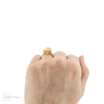 1960s Vintage Citrine Cocktail Ring, Oval Cut Yellow Gemstone in 9ct Gold Double Claw Setting.