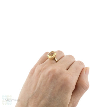 1960s Vintage Citrine Cocktail Ring, Oval Cut Yellow Gemstone in 9ct Gold Double Claw Setting.