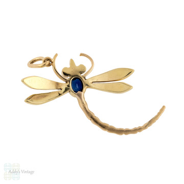 Sapphire & Seed Pearl Dragonfly Pendant, Large 9ct Yellow Gold Bug Converted Necklace.