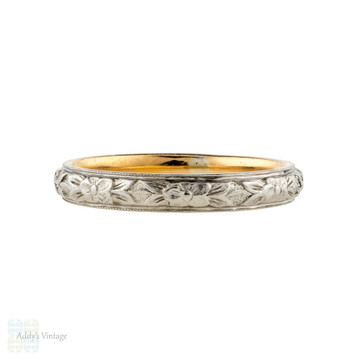 RESERVED Engraved Floral Wedding Ring, Art Deco 18k 18ct Two-Tone Orange Blossom Band Size J / 4.75.