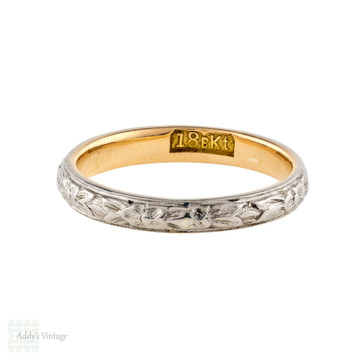 RESERVED Engraved Floral Wedding Ring, Art Deco 18k 18ct Two-Tone Orange Blossom Band Size J / 4.75.