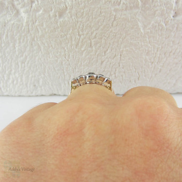 Antique Five Stone Old Mine Cut Diamond Engagement Ring. Graduated Diamonds Bezel Set in Miligrain Lined Platinum Topped 18 Carat Yellow Gold.