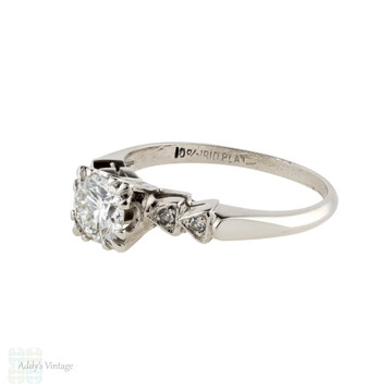 Mid Century Platinum Diamond Engagement Ring, Vintage 0.75ctw Geometric Triangle Setting.