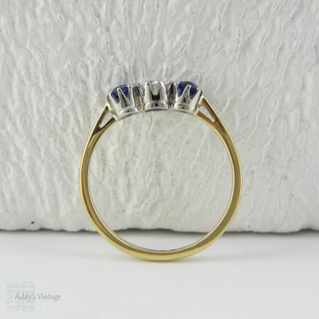 Vintage Diamond & Sapphire Three Stone Engagement Ring. Trilogy Ring with Round Brilliant Cut Diamond and Cornflower Blue Sapphire.