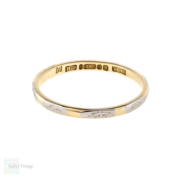 Two Tone 9ct Platinum 1950s Wedding Band, Ladies Engraved Slender Spacer Ring Size P / 7.75.