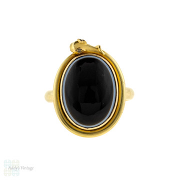 Antique Coiled Snake Ring with Diamond Eyes, 18ct 18k Bezel Set Banded Agate Conversion.