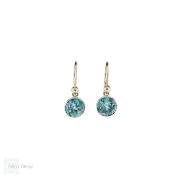 RESERVED Blue Zircon Silver Drop Earring Conversion,  Victorian Single Bezel Set Gems on Pierced Ear Wires.