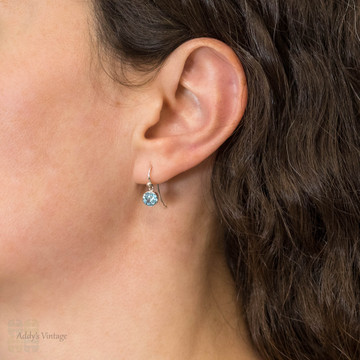 RESERVED Blue Zircon Silver Drop Earring Conversion,  Victorian Single Bezel Set Gems on Pierced Ear Wires.