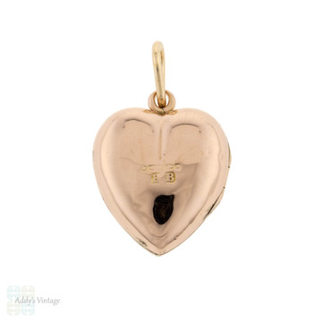 Edwardian Heart Locket, Antique 9ct 9k Rose Gold Turquoise Charm Pendant Circa 1900s.