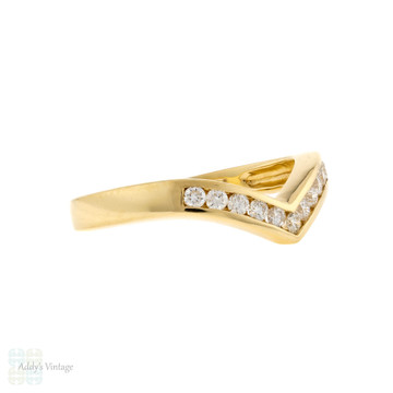 Wishbone Diamond Wedding Ring, Chevron Shape 18ct 18k Yellow Gold Half Hoop Band.