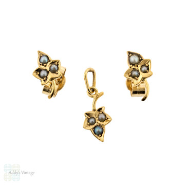 Ivy Leaf Stud Earring & Pendant Set, Grey Seed Pearl 9ct 9k Gold Victorian Conversion.