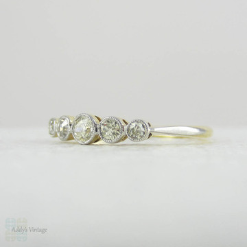 Art Deco Graduated Five Stone Diamond Ring. Half Hoop Bezel Set Diamond Engagement Ring in 18 Carat Gold with Miligrain Edges.