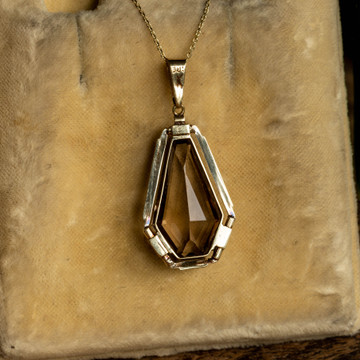 Vintage Smoky Quartz Pendant, Mid Century 14k 14ct Yellow Gold Engraved Design Edge.