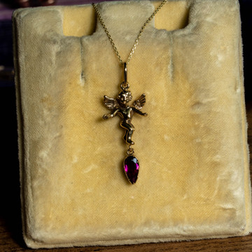 Angel Charm with Georgian Garnet Pear Drop, Antique Conversion 9ct Cherub Charm.