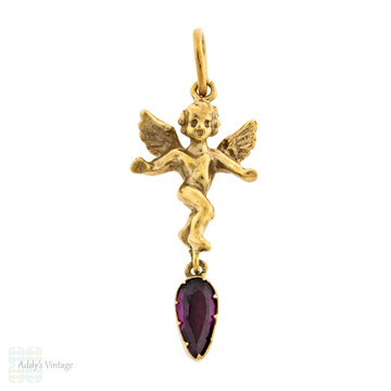 Angel Charm with Georgian Garnet Pear Drop, Antique Conversion 9ct Cherub Charm.