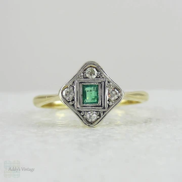 Art Deco Emerald & Diamond Engagement Ring. Light Green Emerald in Miligrain Beaded Square Setting with Diamond Accents, Circa 1930s.
