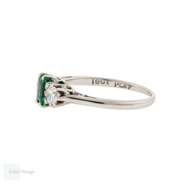 Emerald & Old Cut Diamond Vintage Engagement Ring, Art Deco Three Stone 18ct & Platinum.