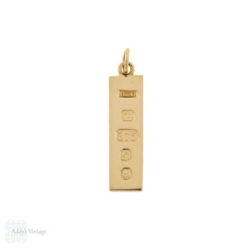 Vintage 9ct Yellow Gold Ingot Charm Pendant, 9k London 1978 English Hallmarks.