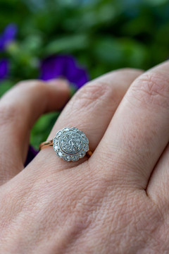 RESERVED Art Deco Diamond Engagement Ring, Target Style Diamond Cluster 18ct Gold & Platinum.